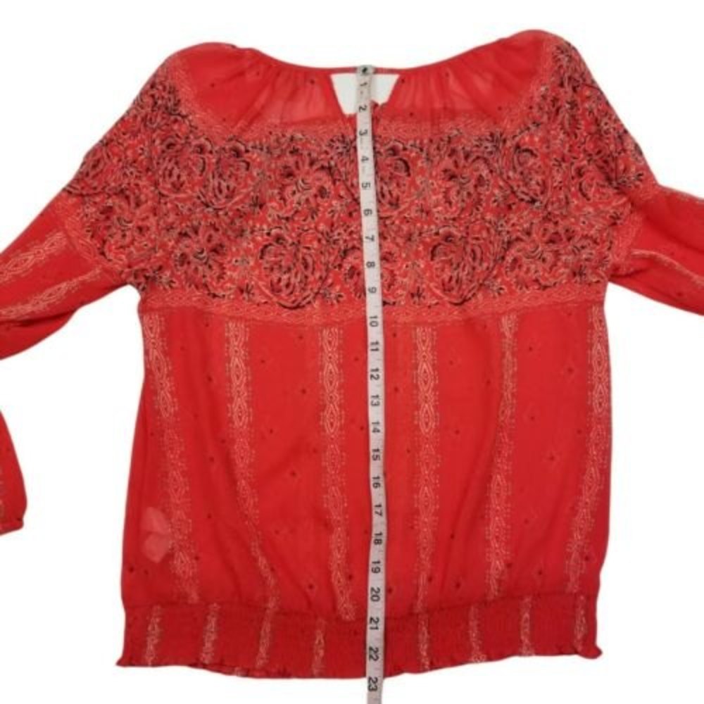Lucky Brand Orange Blouse Medium Paisley Tie Neck Smocked Waist Top Boho Peasant - Picture 12 of 12
